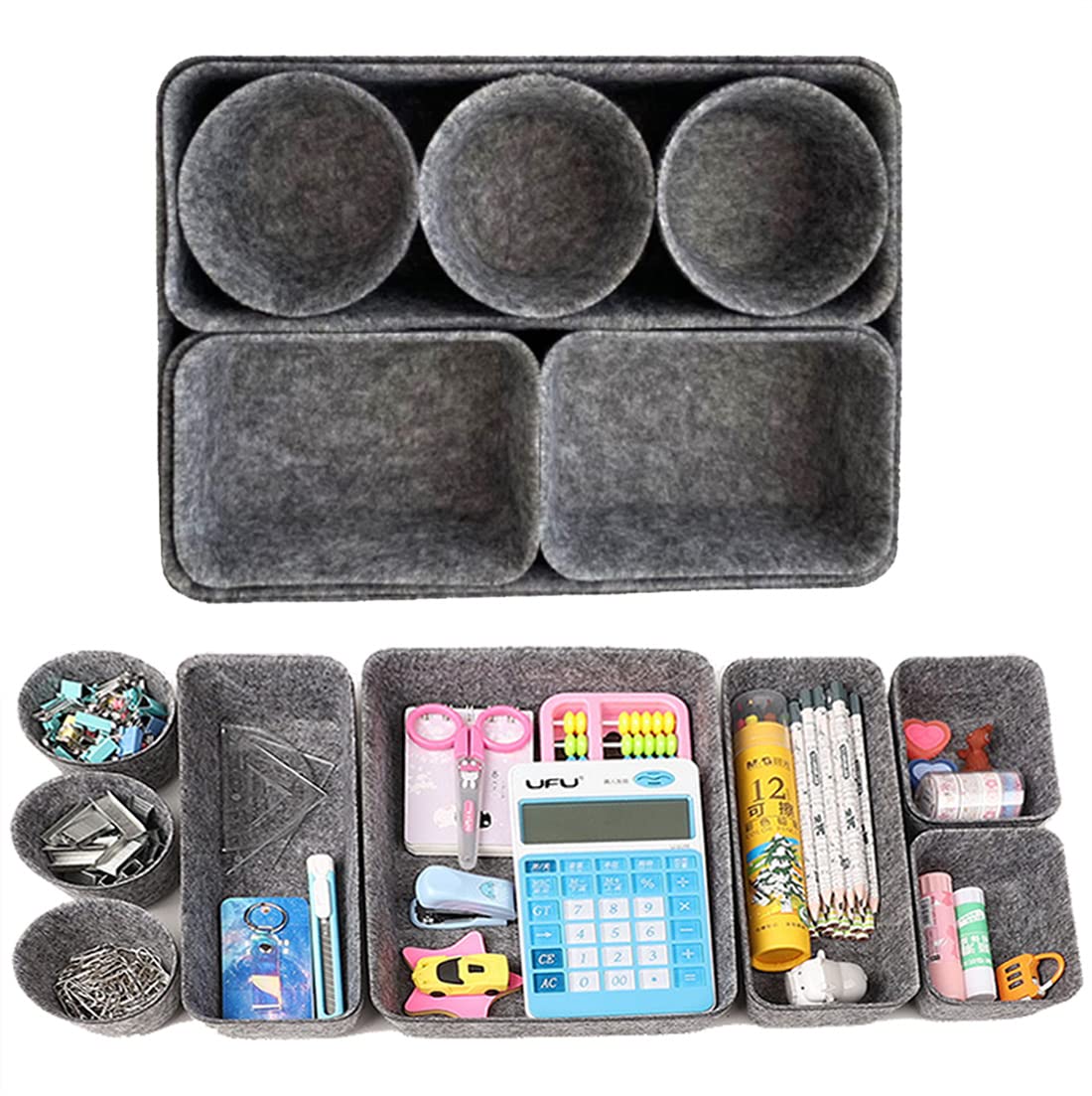 Desk Drawer Organiser Trays Set of 8 Desk Drawer Dividers Felt Storage Tidy Boxes Makeup Dressing Table Organizers for Bedroom Office (Gray)