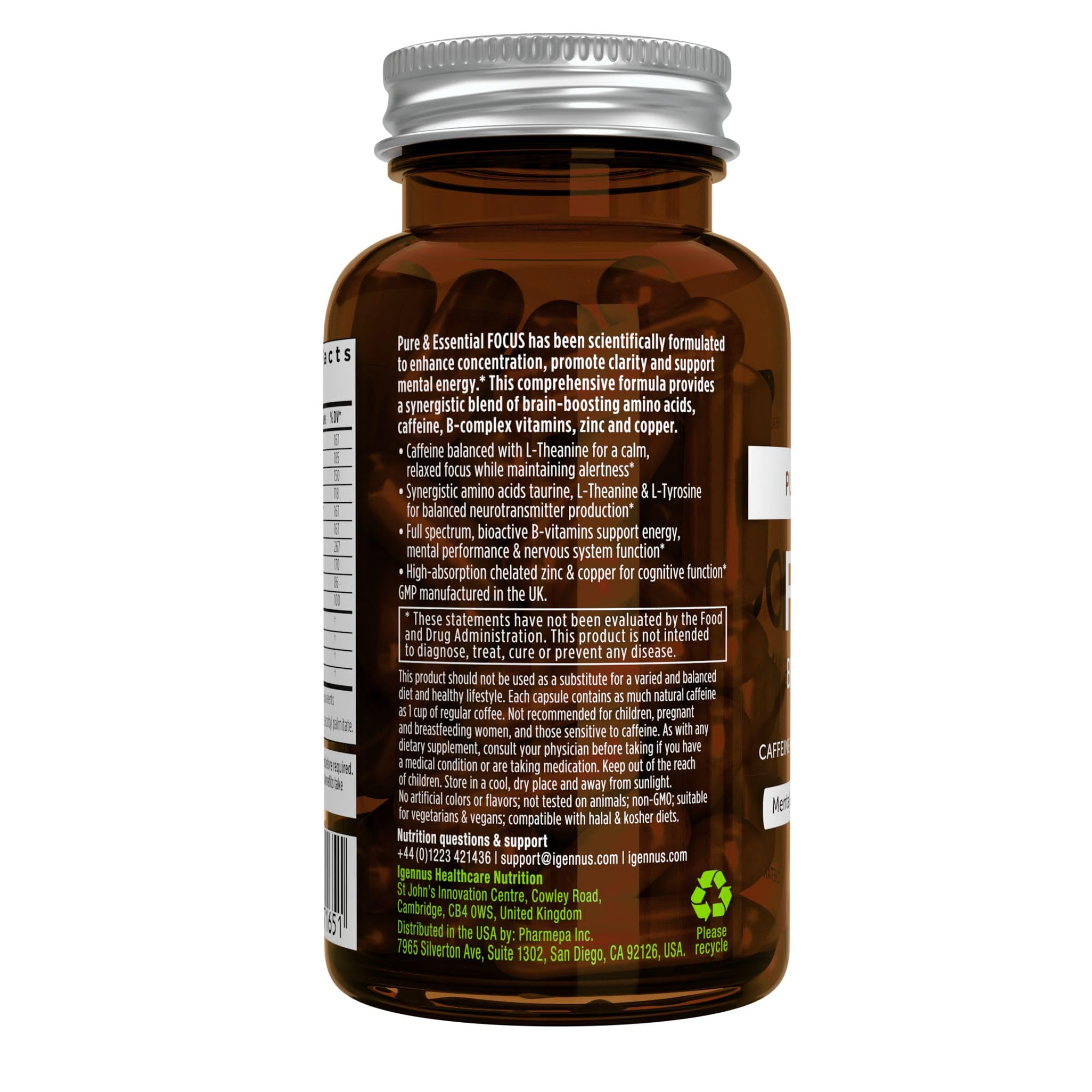 Igennus Focus - Nootropic with 200mg Natural Caffeine, Methylated B Vitamins, L-Theanine, Taurine, L-Tyrosine, Clean Energy, Brain Booster & Cognitive Performance, Non Jittery, 60 Capsules