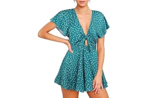 AGQT Women's Sexy V-Neck Self-Tie Front Romper Short Jumpsuit Playsuit Mini Outfit Dress Boho