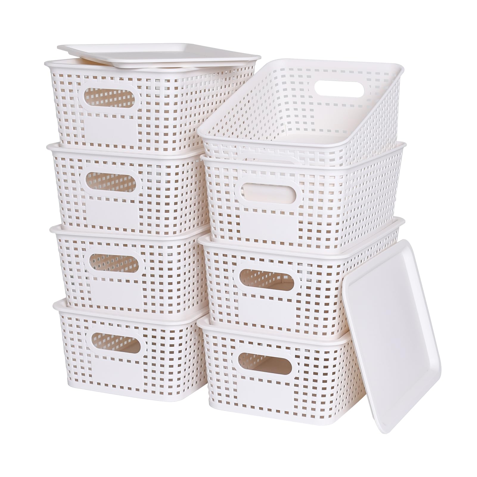 Photo 1 of Plastic Storage Baskets with Lid - Plastic Storage Containers Stackable Storage bins: Storage Baskets for Organizing Shelves Drawers Desktop Closet Playroom Classroom Office, 8 Pack-White