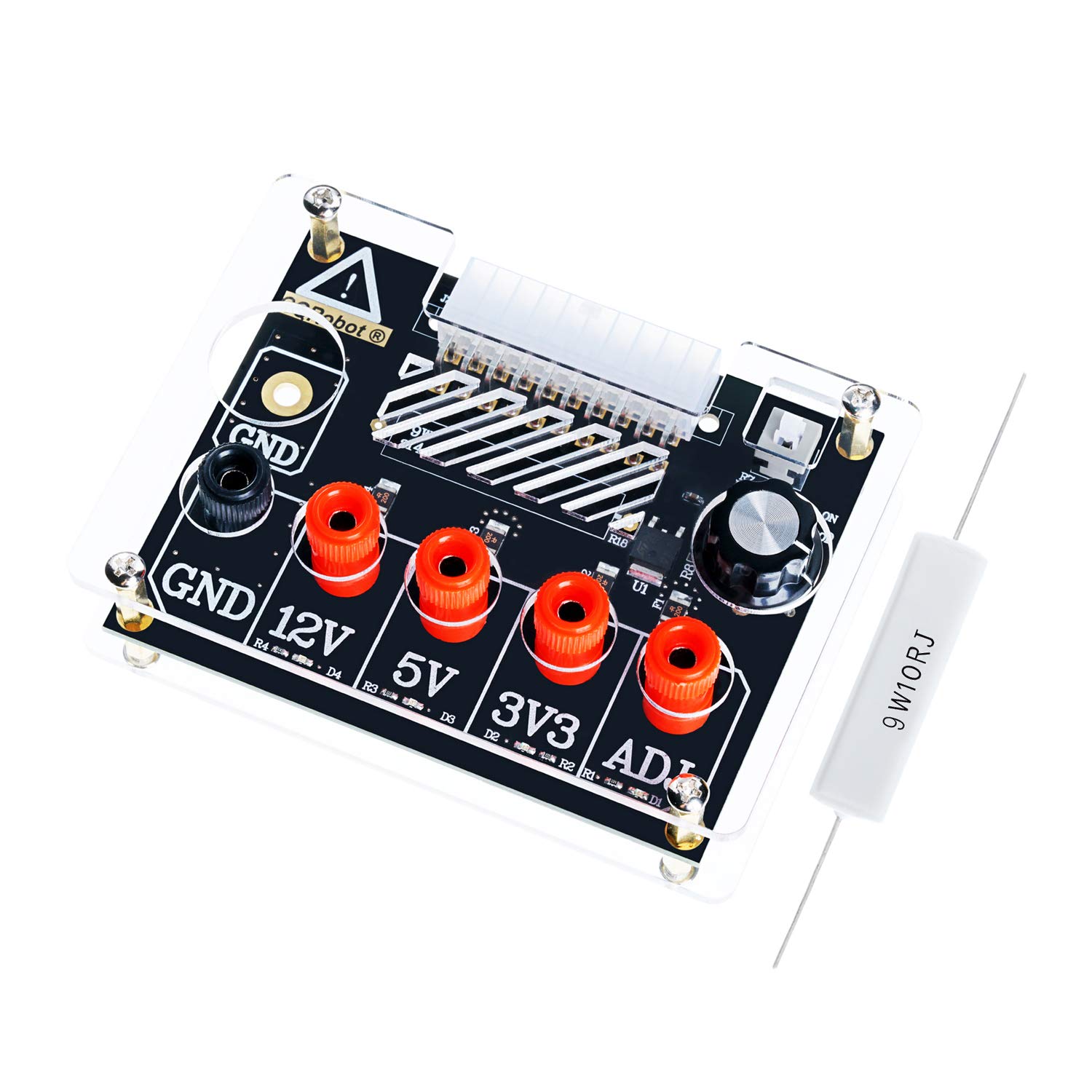 CQRobot ATX Power Supply Breakout Board and Acrylic Case Kit. with ADJ Adjustable Voltage Knob, Supports 3.3V, 5V, 12V and 1.5V-9.0V, 2A Maximum Output, Reset Protection.