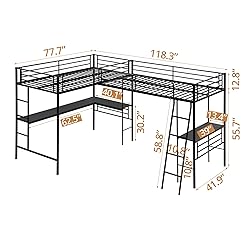 INCLAKE Twin Size L-Shaped Loft Bed with 2 Built-in