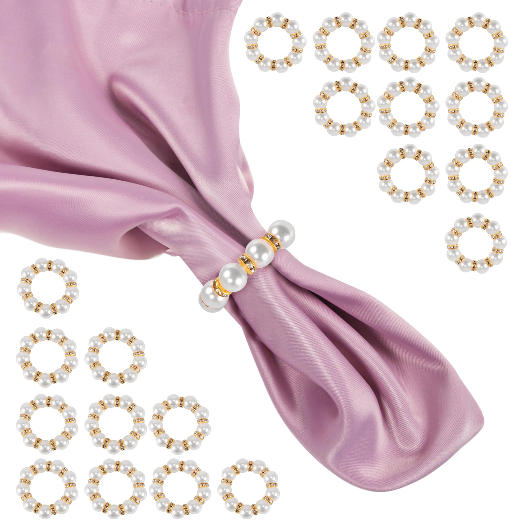Keilend Pearl Napkin Rings, 20 Pcs Elastic Pearl Napkin Buckle Set for Table Setting Decorations, Gold Beaded Serviette Rings for Dinner, Wedding, Party and Festival