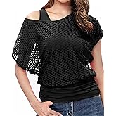 WILDPARTY Women's Casual Sexy Off Shoulder T-Shirt 80s 90s Outfit 80's Costume Fishnet Neon Shirt Summer Short Sleeve
