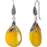 EVER FAITH 925 Sterling Silver Created Chalcedony Crystal Retro Black Leaf Teardrop Hook Earrings Birthday/Mothers Day/Valentines/Christmas Jewelry Gift for Women