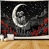 Delur The Lovers Skull Tapestry Gothic Black and White Romantic Constellation Skeleton Tapestry Floral Abstract Psychedelic Wall Hanging Headboard for Bedroom Living Room Home Decor (51.2