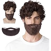FATMAUI Mens Toupee Brown Curly Shaggy Costume Hippie Beard Halloween Wig