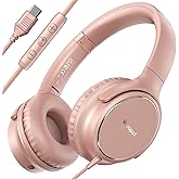 USB C Wired Over-Ear Headphones with Microphone, Volume Control, Share Port, and Adjustable Headband Foldable Stereo Headset for iPhone 16, Samsung, Laptop, Gaming, Travel