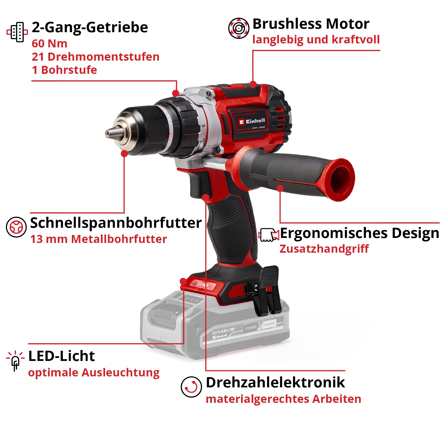 Einhell Professional Akku-Bohrschrauber TP-CD 18/60 Li BL - Solo Power X-Change (Li-Ion, 18 V, bürstenloser Motor, 13mm-Metallbohrfutter, 2-Gang-Getriebe, ohne Akku und Ladegerät) 3