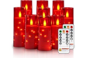 Raycare Flameless Candle with Remote Timer – 9 Flickering Acrylic Battery Operated LED Pillar Candles with Embedded Star String for Christmas, Home Decor, and as a Gift (Red)