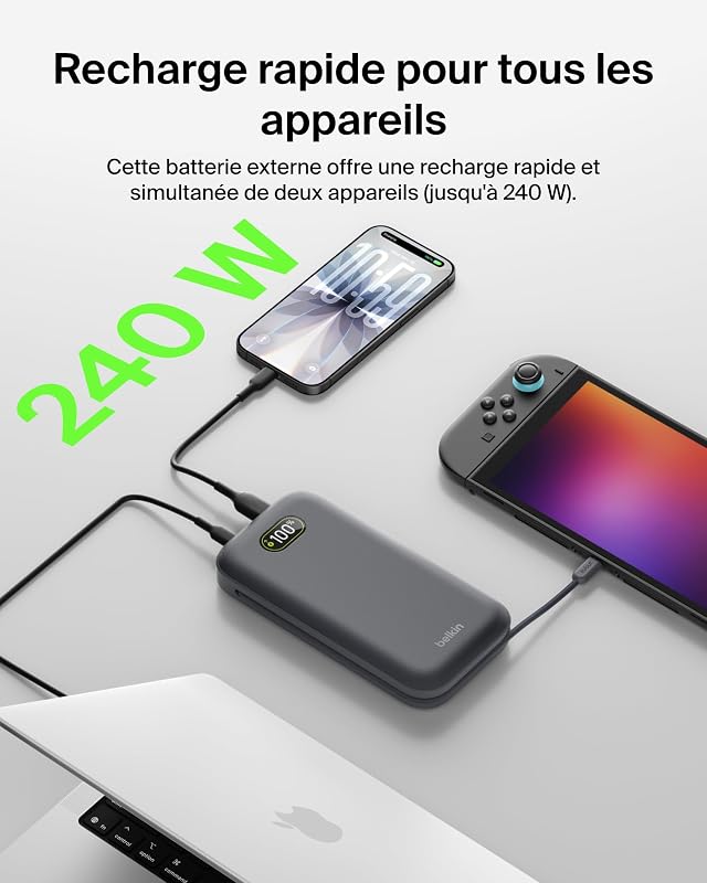 UltraCharge Pro Batterie Externe 27000mAh, Chargeur Portable avec Câble USB-C Intégré, USB PD 240 W, Power Bank Charge Rapide pour MacBook Pro, iPhone, iPad, Galaxy, Pixel, etc., Gris