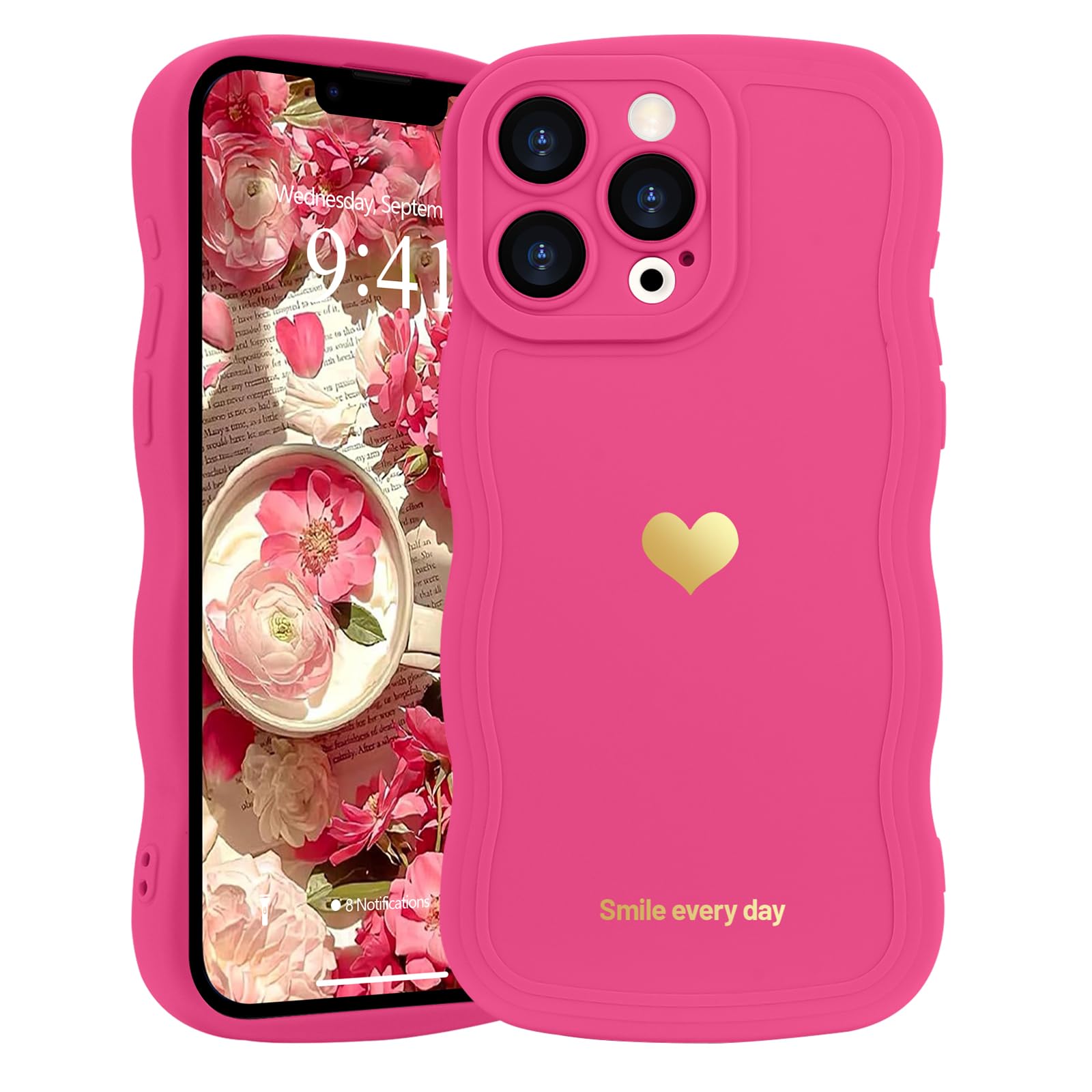 LAPOPNUT for iPhone 13 Pro Case,Cute Curly Wave Frame Love Heart Phone Case for Girls Women,Soft Silicone TPU Bumper Shockproof Camera Protective Cover for iPhone 13 Pro 6.1 inch,Hot Pink — image 1