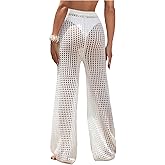 COZYEASE Women's Beach Cover Up Pants Hollow Out Drawstring Elastic High Waist Bathing Suit Cover Up Beach Pants