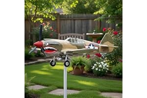 Shark Mouth Warplane Garden Wind Spinner, P-40 Fighter 3D Metal Weather Vane, Outdoor Dynamic Propeller Windmill Plane, Yard 