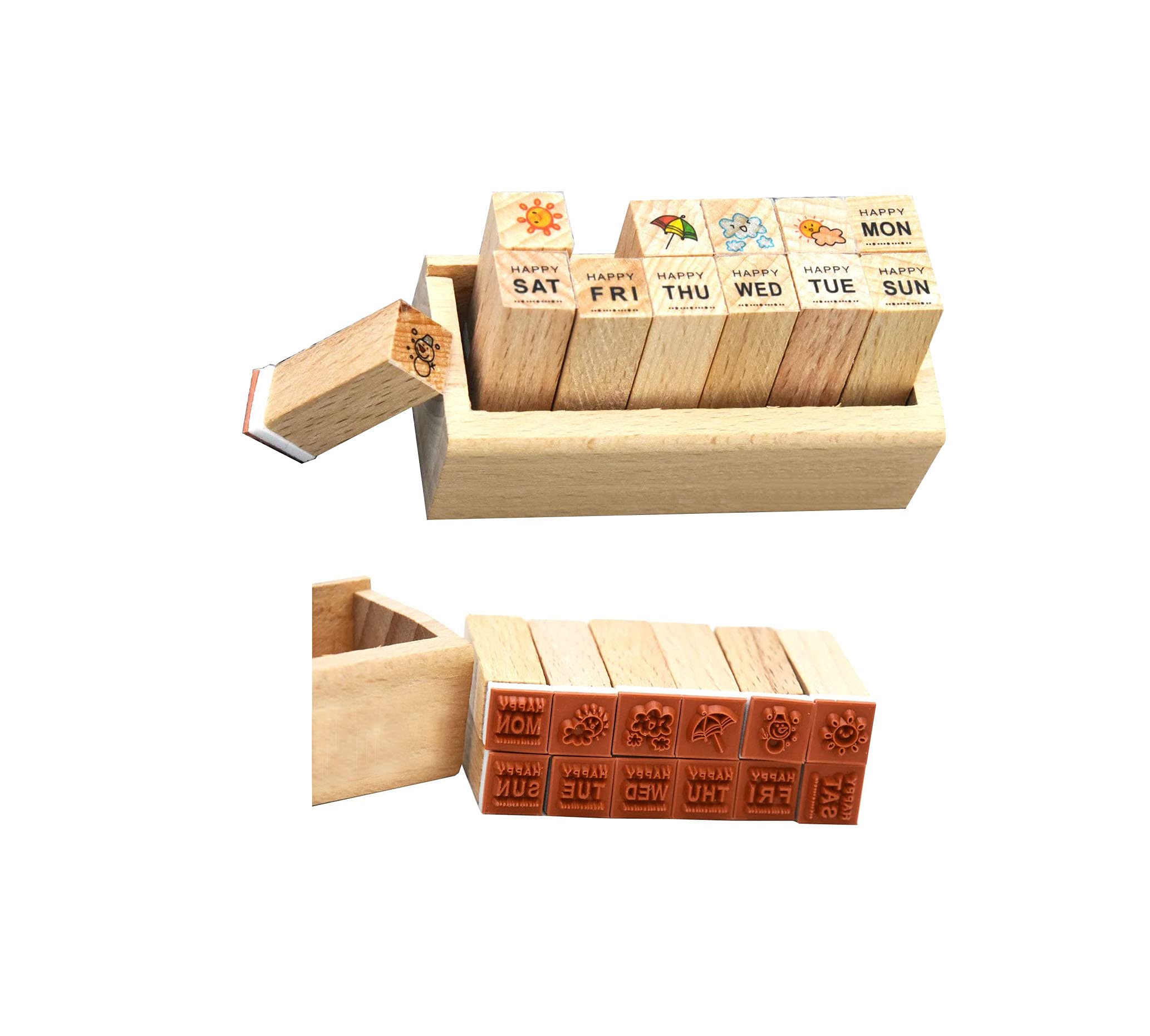 Tiardey 12 Pcs Mini Cute Wooden Rubber Stamps DIY Diary Scrapbook Stamps Set with Wooden Box - Week,Weather