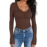 Prettywear Women Long Sleeve Henley Shirts V Neck Button Tight Slim Fitted Top Going Out Tees 2025 Trendy Spring Fall