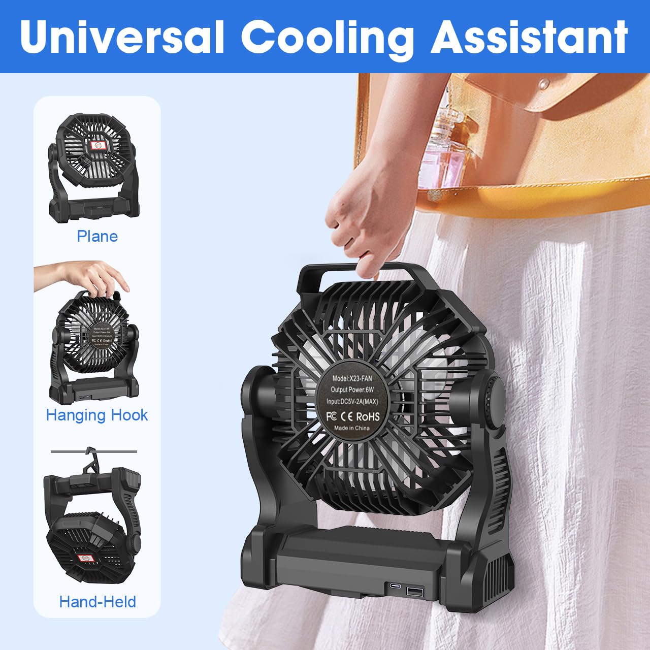 Portable Camping Fan with LED Light, 20000mAh Rechargeable Battery, Adjustable Brightness & Speed, Hanging & Handheld Design, Long-lasting Power for Camping, Hiking, Fishing, Travel, and Home（Black）