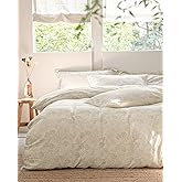 MILDLY Linen Cotton Duvet Cover - Garden Floral Jacquard Textured Comforter Cover Set 3pcs with Zipper Closure Breathable &amp; Minimalist for All Season