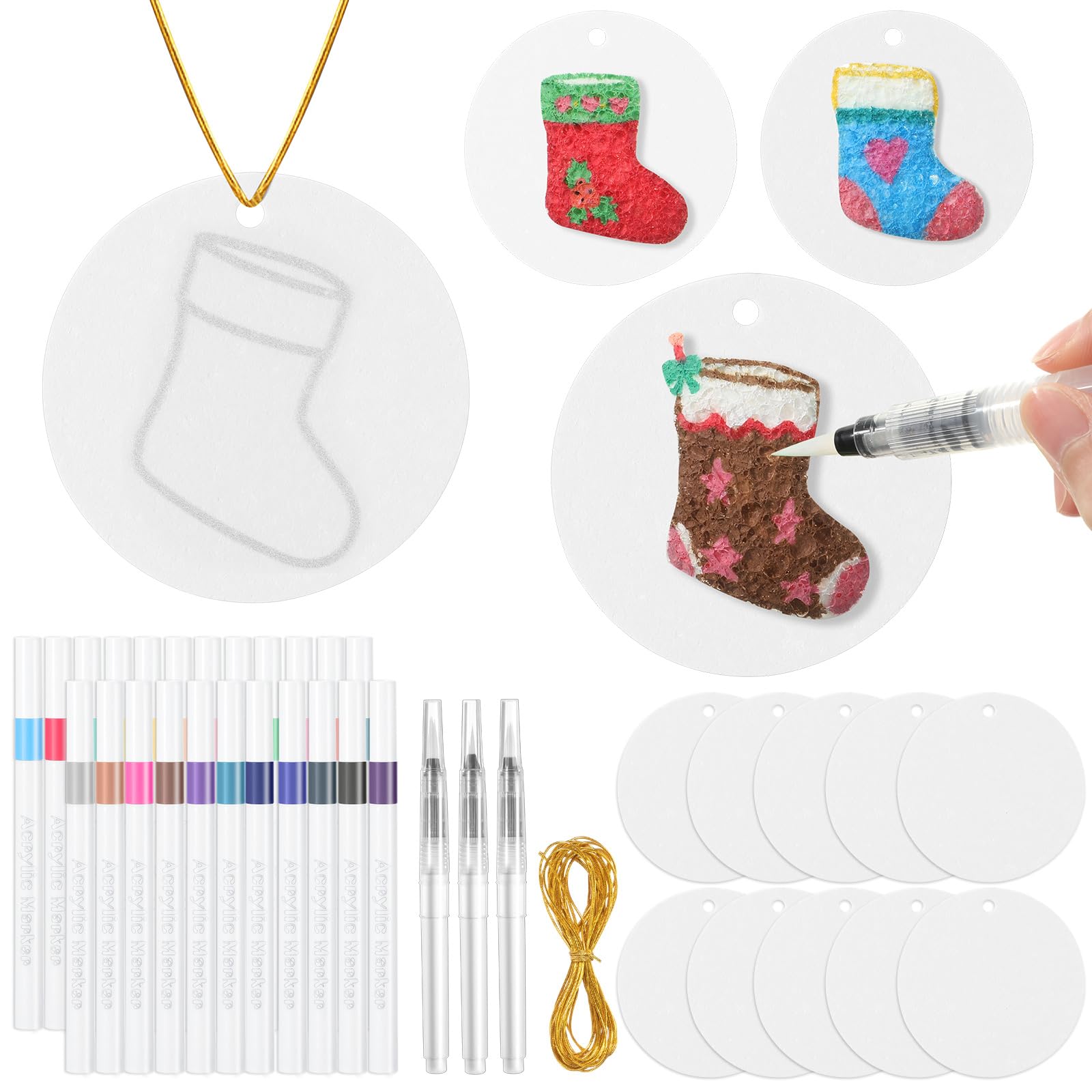 Photo 1 of AmazingSpark 64 Pcs Christmas Stocking Magic Foam Texture Painting Kit, 36 Pcs Foam Texture Paper Stocking Crafts, 24 Colors Markers Paint 3D Effect DIY Blank Xmas Hanging Ornaments for Gifts