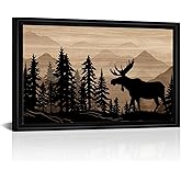 WELMECO Moose Wall Art Rustic Cabin Decor Farmhouse Bedroom Living Room Decoration, 16x24inch Forest Moose Painting Framed Canvas Art Print
