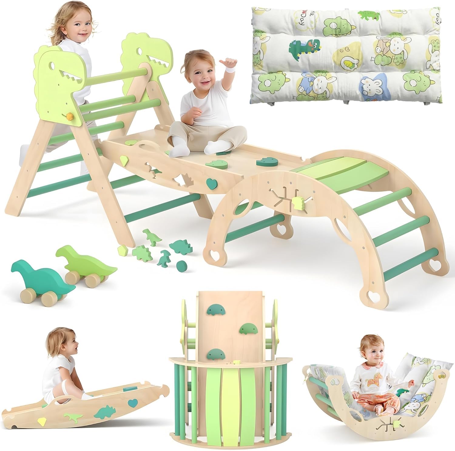 Toddler Climbing Frame, 9-in-1 Indoor Climbing Frame for Toddlers, Foldable Baby Climbing Toys Wood Triangle Set with Climbing Arch, Balance Cushion, Outdoor Climbing Frames for Enfan 2-6 Age-Dinosaur