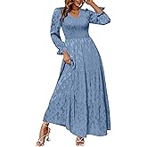 Simplee Womens Long Sleeve Smocked Maxi Dress Tiered V Neck Flowy Fall Wedding Guest Long Dresses with Pockets