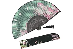 OMyTea® Women Hand Held Silk Folding Fan with Bamboo Frame - with a Fabric Sleeve for Protection for Gifts - Sakura Cherry Blossom Pattern (WZS-2)