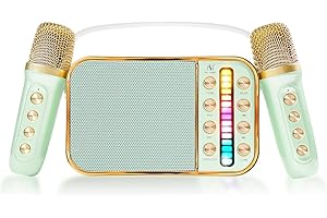ARESRORA Mini Karaoke Machine for Kids & Adults, Karaoke Machine with 2 Microphones,Portable Handheld Microphone and Speaker Set,Retro Speaker System with Disco Light,Gifts Home Party KTV (Green with 2MIC)
