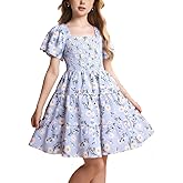 GOTHLETIC Girls Summer Dress Midi Casual Ruffle Flowy Square Neck Swing Tiered Smocked Tween Dresses for 6-15 Years