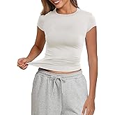 PALINDA Women's Short Sleeve Crew Neck Fitted Shirts Basic Casual Stretchy T Shirt Workout Tops (Creamy White M)