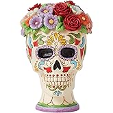 Enesco Jim Shore Heartwood Creek Halloween Day of Dead Sugar Skull Flower Halo Figurine- Dia de Los Muertos Statue Resin Hand Crafted Collectible Decorative Halloween Figurines Home Decor, 5 Inch
