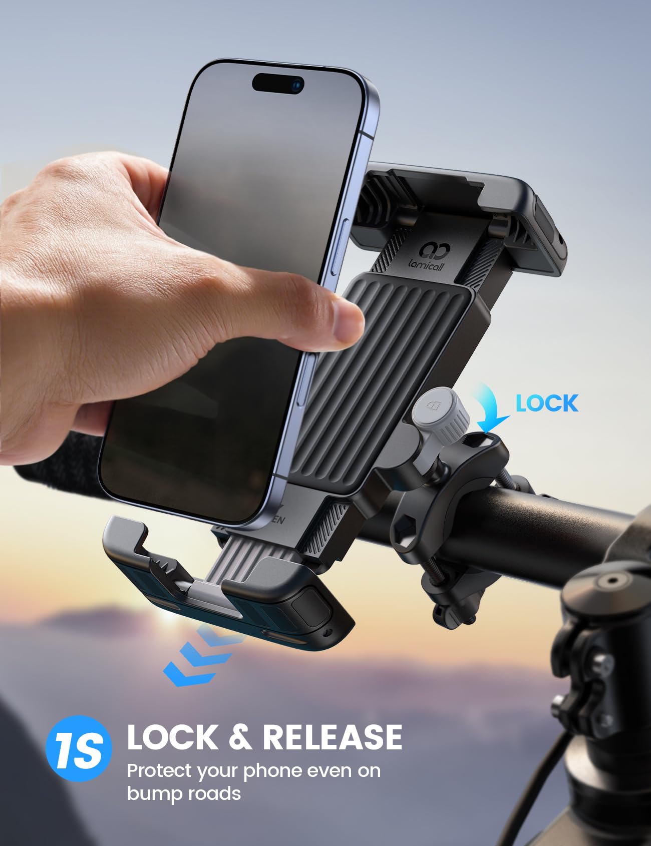 Lamicall Bike Motorcycle Phone Mount - [1s Quick Lock] Bike Cell Phone Holder Clip, Bicycle Scooter Handlebar Clamp, for iPhone Air, 17 16 15 Pro Max, Galaxy S25 S24 Ultra, More 6-7