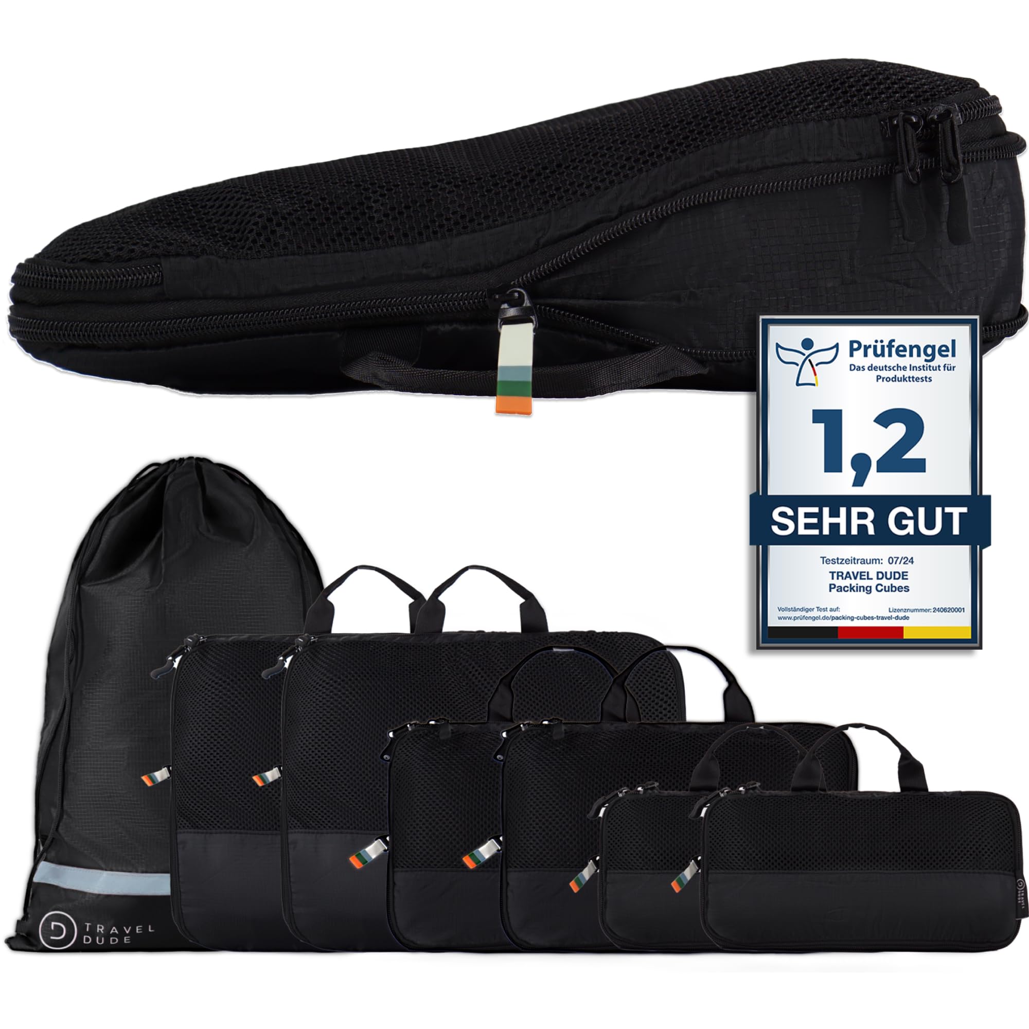TRAVEL DUDE Packwürfel Set mit Kompression aus recycelten Plastikflaschen, Leichte Packing Cubes, Packtaschen Set für Rucksack und als Koffer Organizer, Zubehör (Schwarz, 7-teiliges Set)