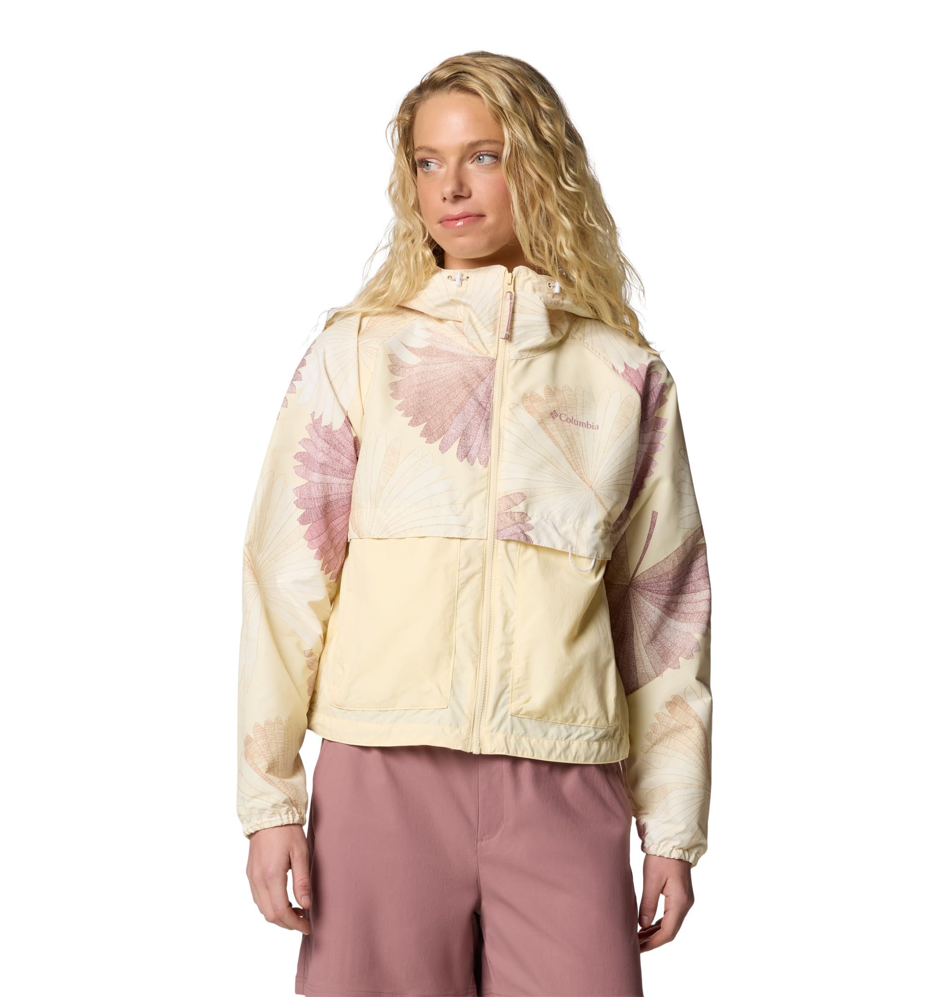 Photo 1 of Columbia Womens Spire Valley Printed Windbreaker, Lemon Wash Rays/Lemon Wash, Medium