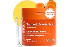 PLANTIFIQUE Kojic Acid and Turmeric Cleansing Pads with Ceramides, Niacinamide & Vitamin C - 60 Exfoliating Face Pads for Dar