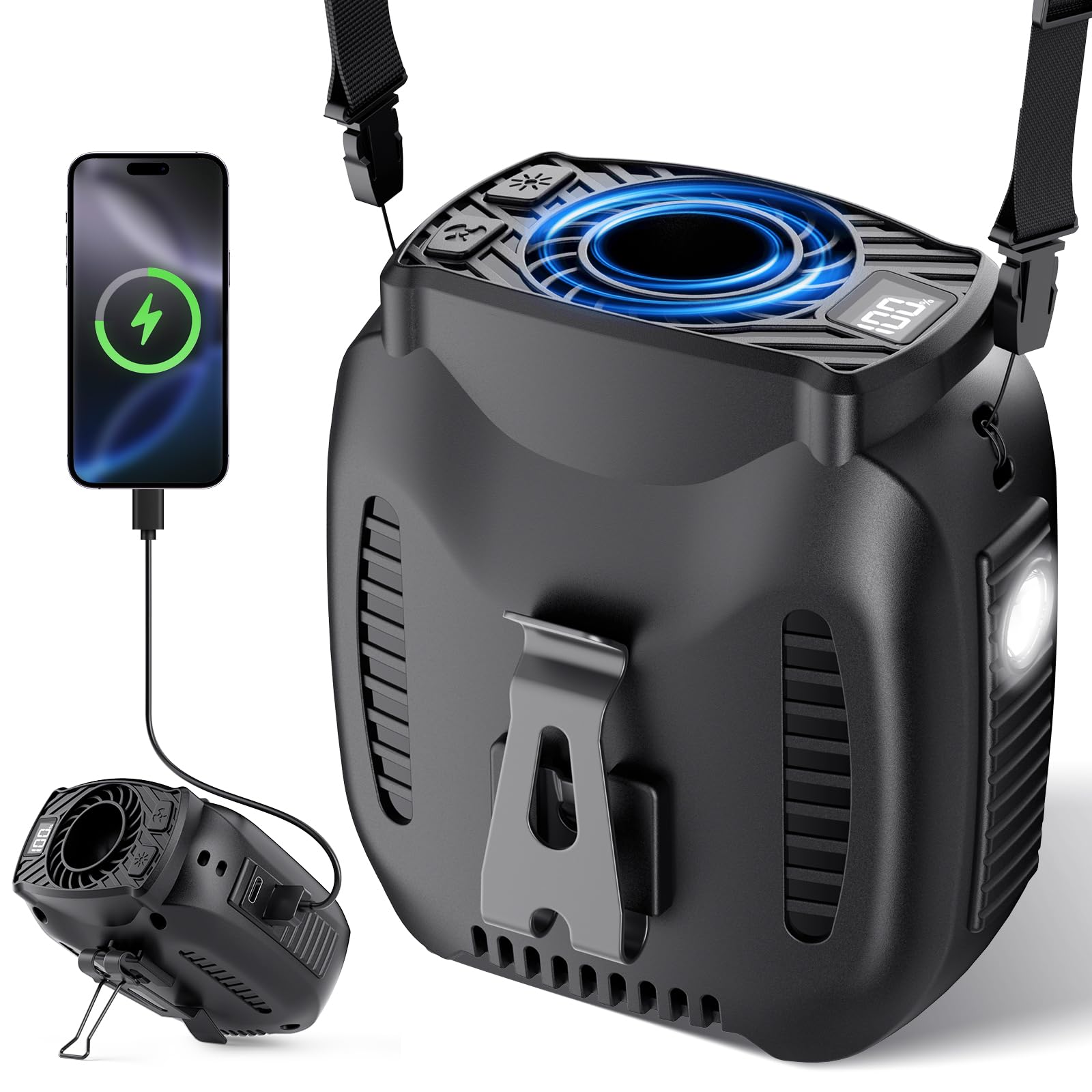 Photo 1 of VOSFEEL 16000mAh Portable Waist Fan Rechargeable, 16000RPM 5-Speeds Strong Airflow, 48H Runtime with Flashlight, Personal Wearable Belt Fan for Camping, Outdoor, Jobsite, Black