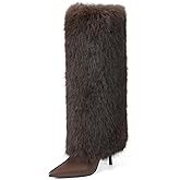 INSMIA Womens Furry Boots Knee High Fold Over Tall Boot Wide Calf Pointed Toe Stiletto High Heel Fall Winter Boots for Women
