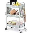 TOOLF 3-Tier Rolling Cart, Metal Utility Storage Cart with DIY Pegboards, Art Craft Trolley with Baskets Hooks, Serving Organizer Easy Assemble for Office, Home, Kitchen, Classroom (Green)