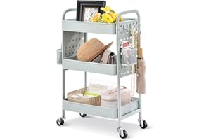 TOOLF 3-Tier Rolling Cart, Metal Utility Storage Cart with DIY Dual Pegboards, Art Craft Trolley with Hooks, Organizer Serving Cart Easy Assemble for Bathroom, Office, Home, Kitchen, Classroom, Green