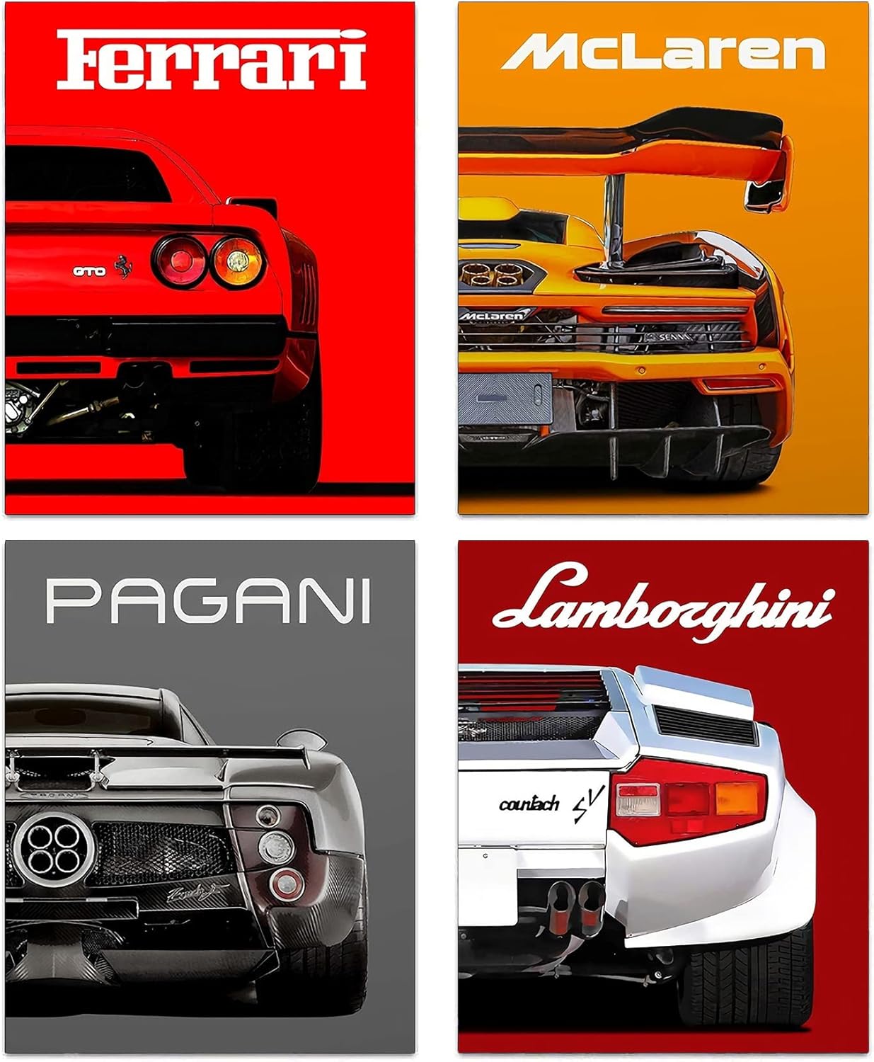 Wall Décor - Modern Car Posters Classic Supercar Wall Art Prints, Cool Racing Ferrari Lamborghini McLaren Pagani Canvas Posters for Man Cave Boys Room Wall Decor, Sports Car Art Prints, Set of 4 (8