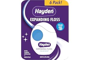 Hayden Expanding Dental Floss. Expands To Clean Between Tight Teeth. 6 Pack Value. Fresh Feeling Polar Mint Woven Floss. Anti Tartar Actives for Gentle Care. 180 Yards. Expandable Clean. PFA Free.