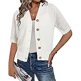 Arach&Cloz Womens Lightweight Cardigan Short Sleeve Shrugs Button Crochet Knit Fashion Sweaters Tops Cozy Clouds