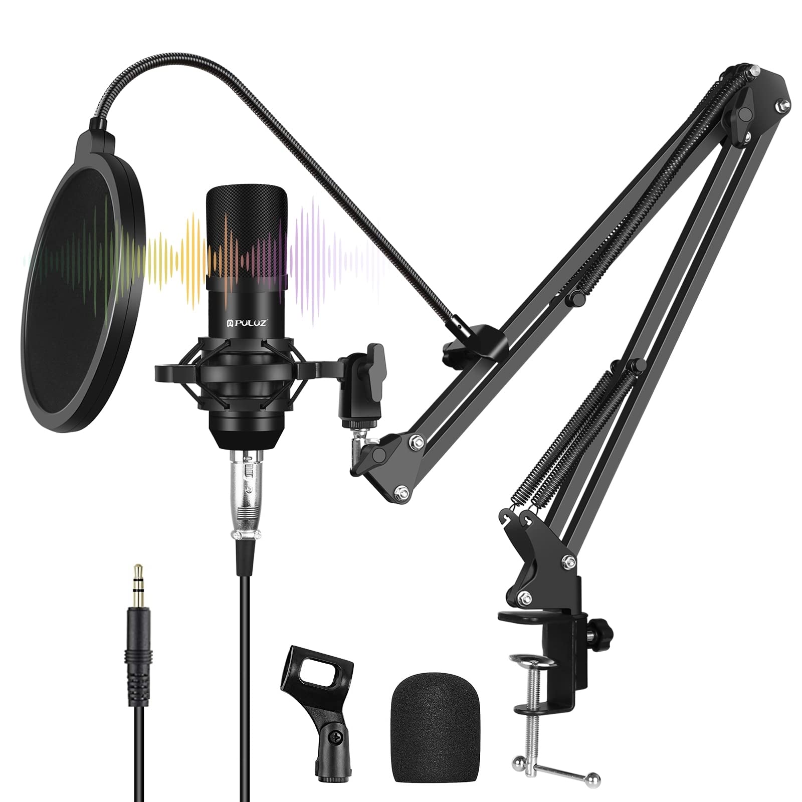 PULUZ Condenser Microphone Kit, Plug & Play with Live Sound Card, Supercardioid Condenser Mic with Boom Arm and Shock Mount for YouTube Vlogging, Gaming, Podcasting (Black)