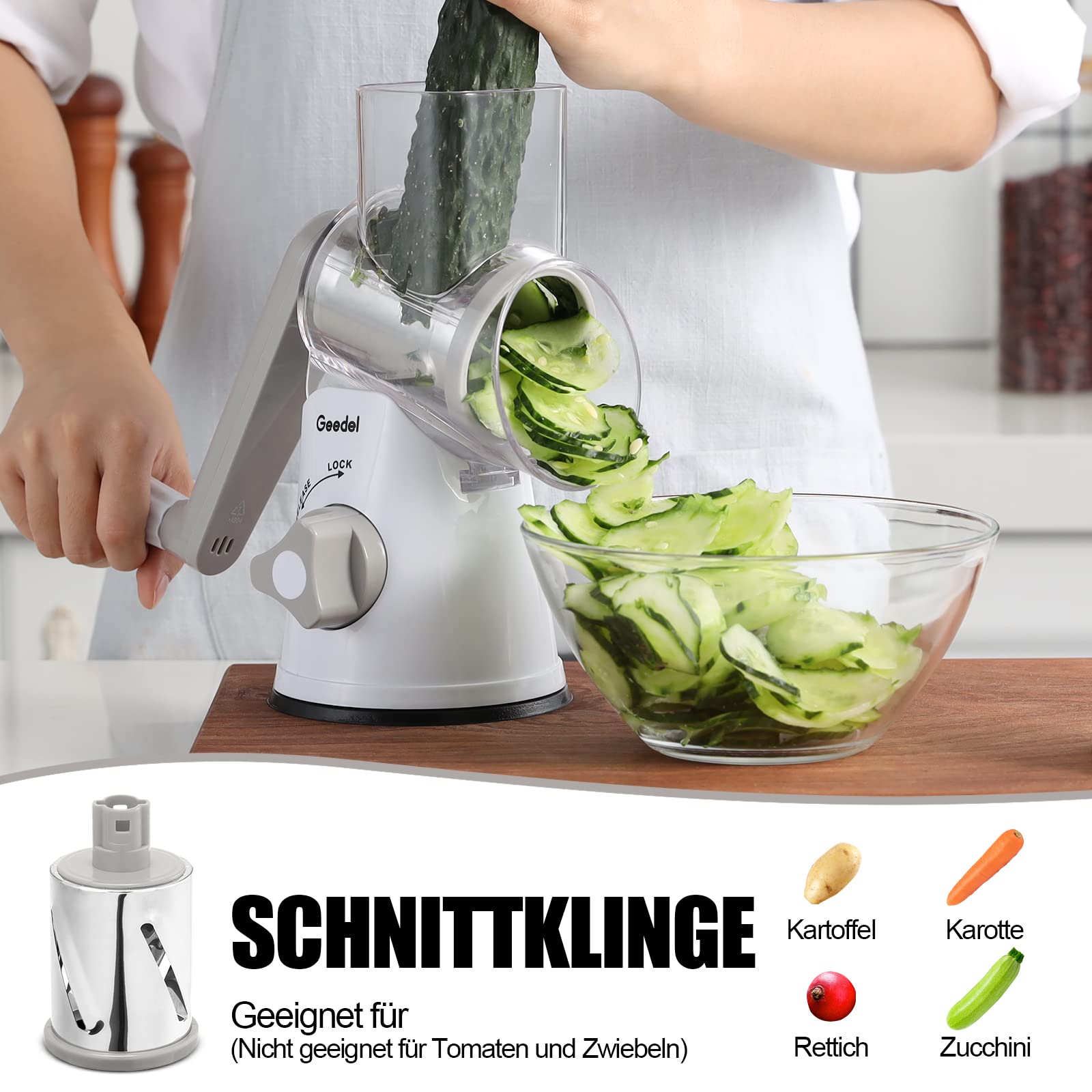 Käsereibe, Reibe für Gemüse mit 3 Trommelblättern, Trommelreibe Schnelleres und Einfaches Schneiden, Gemüseschneider Ideal für Käse, Gurken, Karotten, Nüsse usw 3