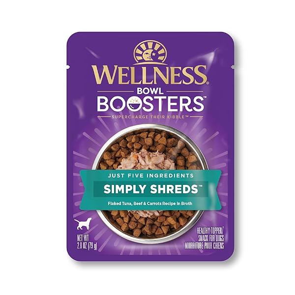 WELLNESS BOWL BOOSTERS SIMPLY SHREDS WET DOG FOOD TOPPER FOR SMALL, MEDIUM, & LARGE BREEDS, GRAIN FREE, NATURAL, TUNA, BEEF & CARROTS, 2.8 OUNCE POUCH (PACK OF 12)