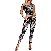 AIMISHI 2 Piece Outfits for Women Print Off the Shoulder Crop Tops High Waist Long Pants Sets Tracksuit