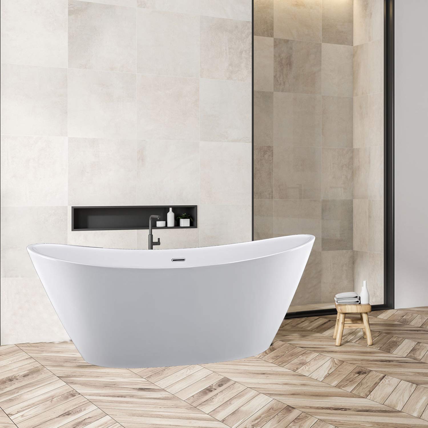 Empava 59 in Free Bathtubs Acrylic Streamline Stand Alone Soaking Tubs with Overflow and Drain in White, 59 Inch