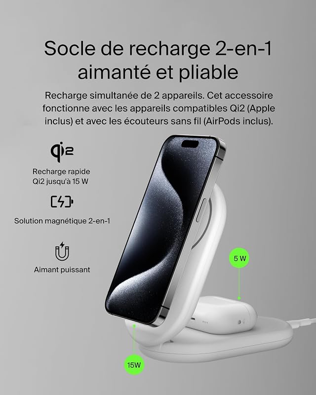 BoostCharge Socle de Recharge 2-en-1 aimanté et Pliable Qi2, 15W, Compatible MagSafe Chargeur sans Fil, Recharge Rapide, Apple iPhone 17, iPhone Air, Pixelsnap, Adaptateur Inclus - Blanc