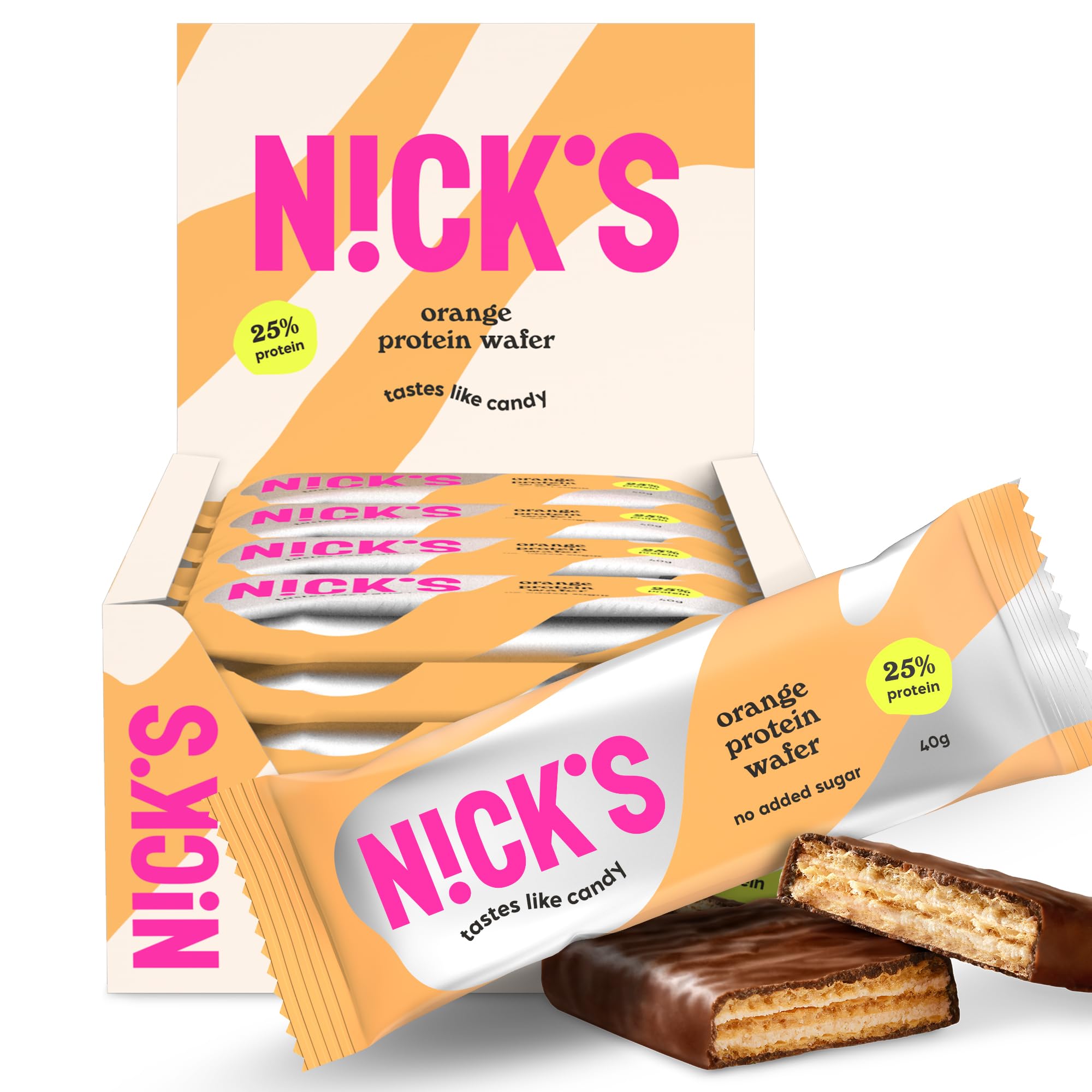 NICKS Protein Wafer Bars Orange | 25% Protein | 203 Calories | Low carb Biscuits Snack Bar No Added Sugar Gluten free (Multipack 24x40g)