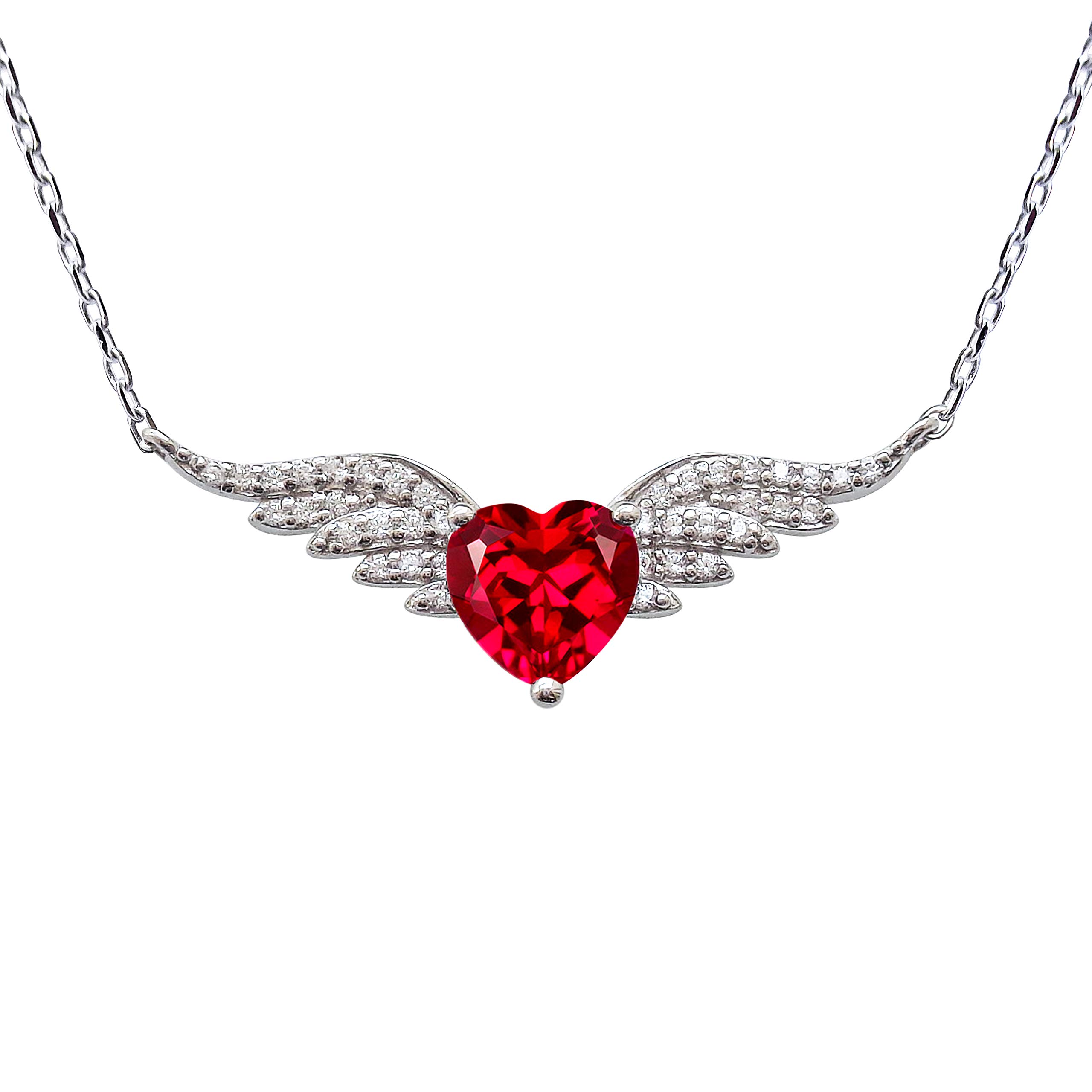 Hiqmic 925 Sterling Silver 3.5ct Heart shaped Angel Wings Ruby Pendant Necklace 18" White Gold Plated Fashion Jewelry Gifts for Women_WA92004